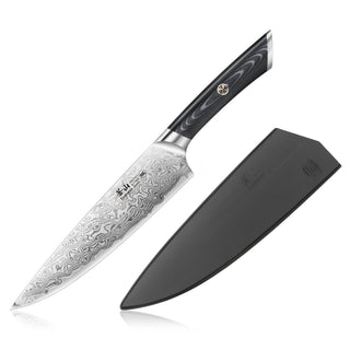 
                    
                      8-inch chef's knife with patterned Damascus steel blade and black ergonomic handle, shown with a black protective sheath.
                    
                  