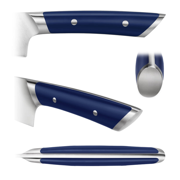 Blue chef knife handle with stainless steel bolsters and rivets shown from multiple angles.