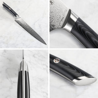 
                    
                      8-inch carving and sashimi knife with patterned Damascus steel blade and black ergonomic handle shown from multiple angles.
                    
                  