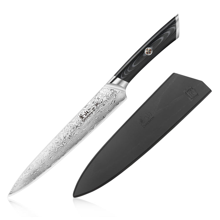 8-inch Damascus steel carving and sashimi knife with black handle and black protective sheath.