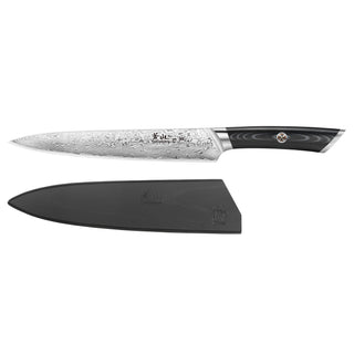 
                    
                      8-inch Damascus steel carving and sashimi knife with black handle and protective black sheath.
                    
                  