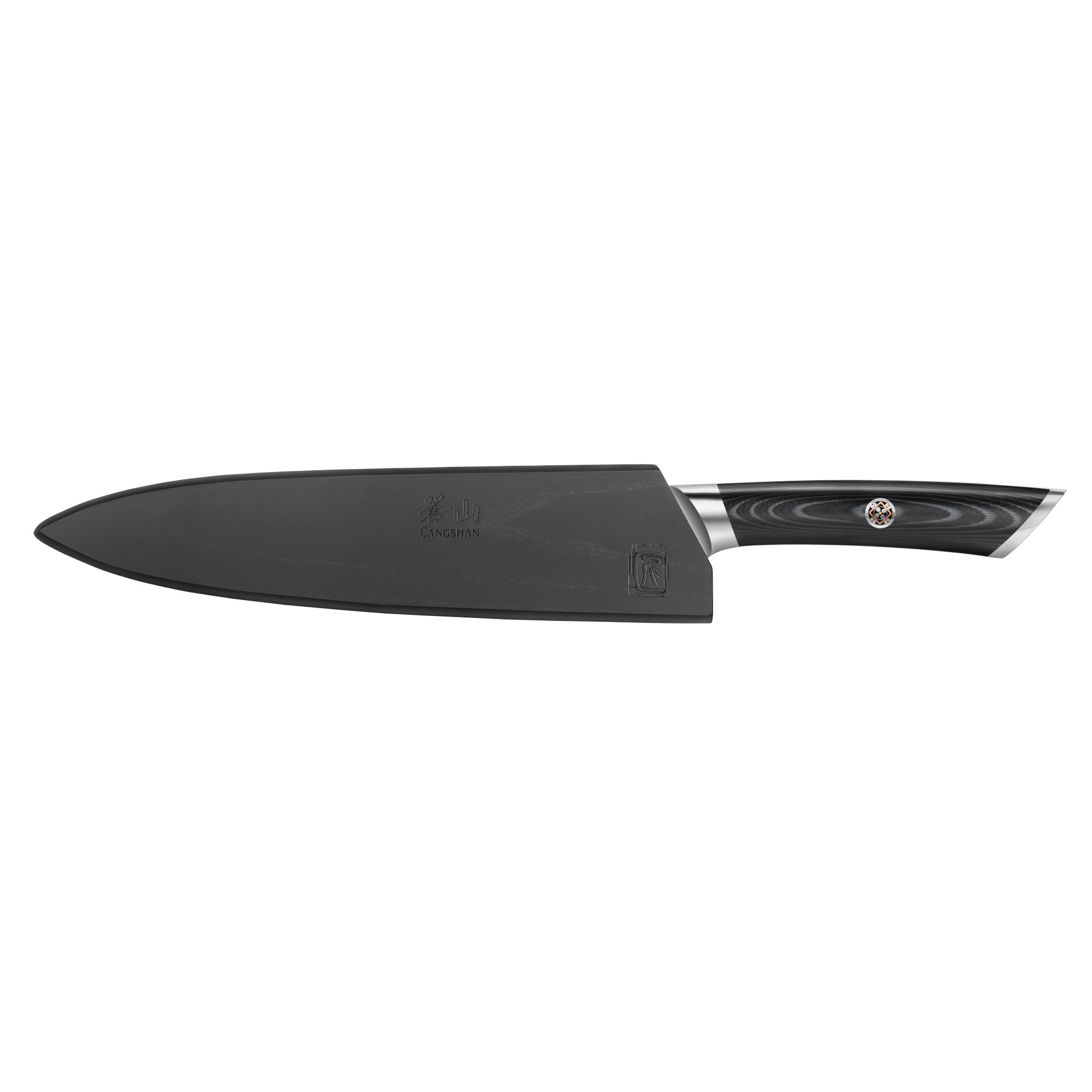 8-inch carving and sashimi knife with black blade cover and black handle with silver accents.