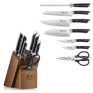 
                    
                      Knife block set with seven knives, kitchen scissors, and a wooden acacia block with black handles and stainless steel blades.
                    
                  