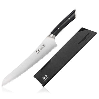 
                    
                      9-inch serrated deli knife with black handle and protective black sheath, forged German steel blade.
                    
                  