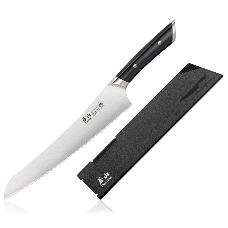 9-inch serrated deli knife with black handle and protective black sheath, forged German steel blade.