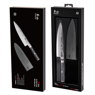 
                    
                      8-inch chef knife with Damascus steel blade and black handle, displayed with protective sheath in black packaging.
                    
                  