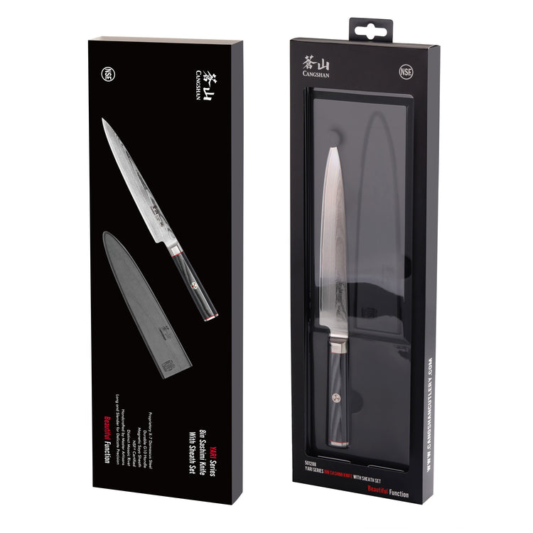 YARI Series 8-inch sashimi knife with black handle and sheath, displayed in black retail packaging.