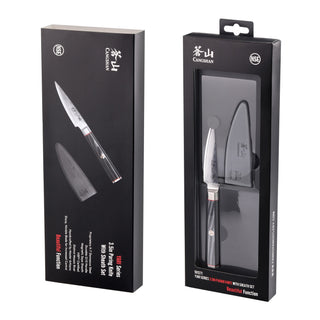 
                    
                      YARI Series 3.5-inch paring knife with black handle and sheath displayed in black retail packaging.
                    
                  
