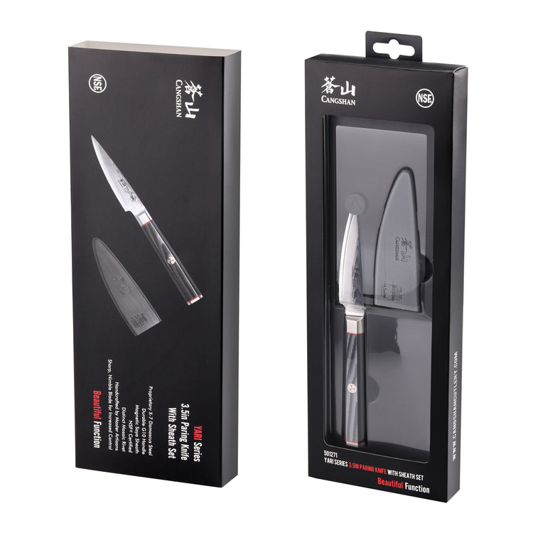 YARI Series 3.5-inch paring knife with black handle and sheath displayed in black retail packaging.