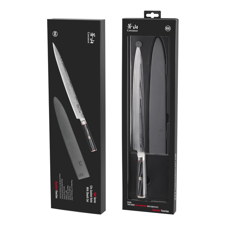 YARI Series 12-inch sashimi knife with Damascus steel blade and black protective sheath in retail packaging.