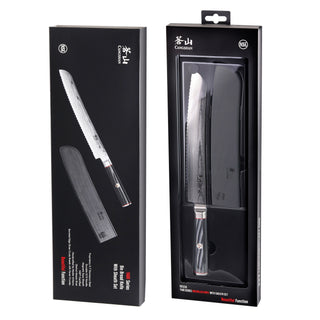 
                    
                      YARI Series 9-inch serrated bread knife with black handle and protective sheath in black retail packaging.
                    
                  