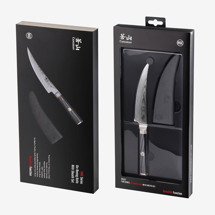 YARI Series 6-inch boning knife with black handle and sheath displayed in black retail packaging.