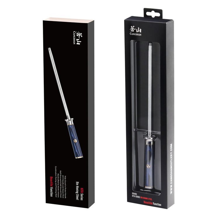 Diamond-coated honing steel with blue handle displayed outside and inside black retail packaging.