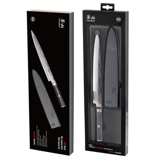 
                    
                      10-inch sashimi knife with black handle and protective sheath in black retail packaging.
                    
                  