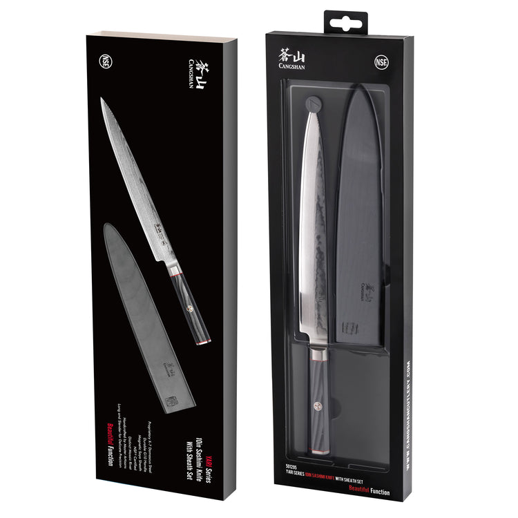 10-inch sashimi knife with black handle and protective sheath in black retail packaging.