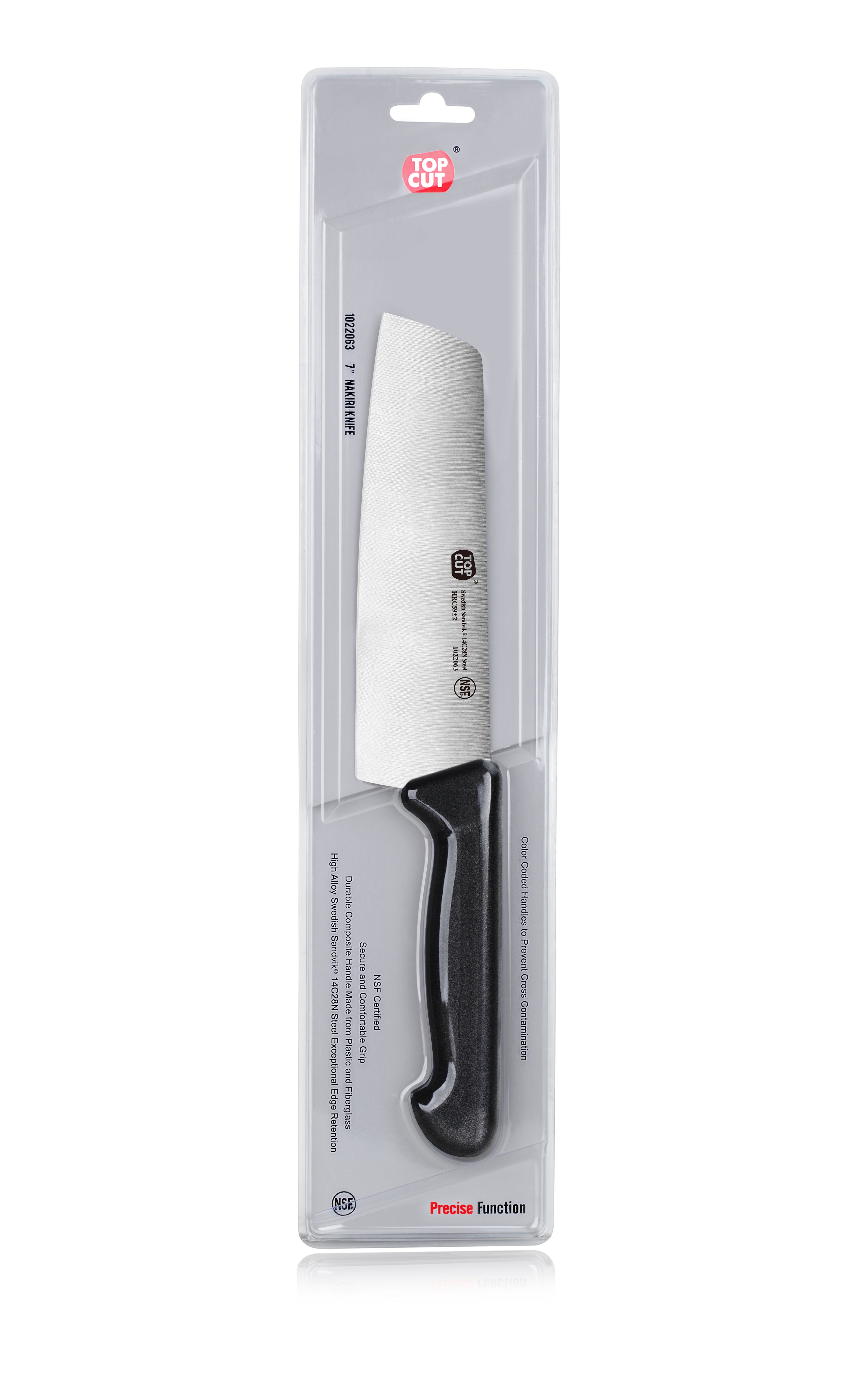 7-inch Nakiri vegetable cleaver with black handle, packaged in clear plastic with Top Cut branding.