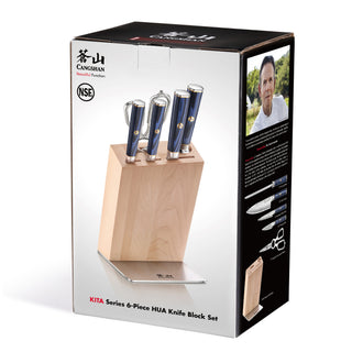 
                    
                      Knife block set with five knives and kitchen shears, featuring blue handles and a light wood block.
                    
                  