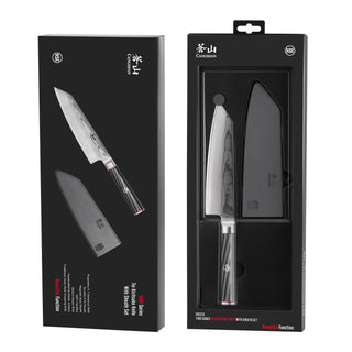
                    
                      YARI Series 7-inch Kiritsuke knife with black handle and sheath displayed in black packaging.
                    
                  