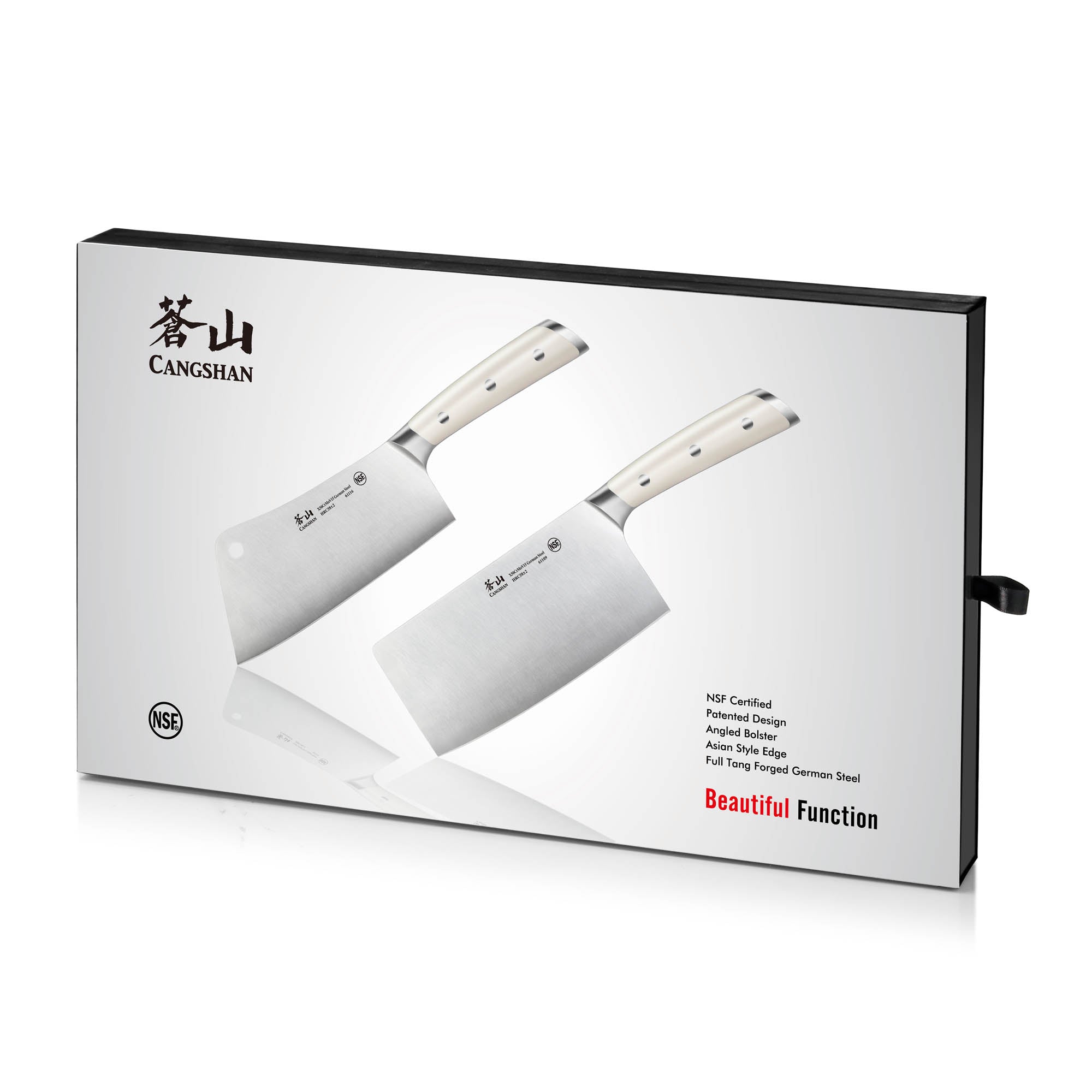 Two cleaver knives with light-colored handles displayed on a white box with black edges and text.