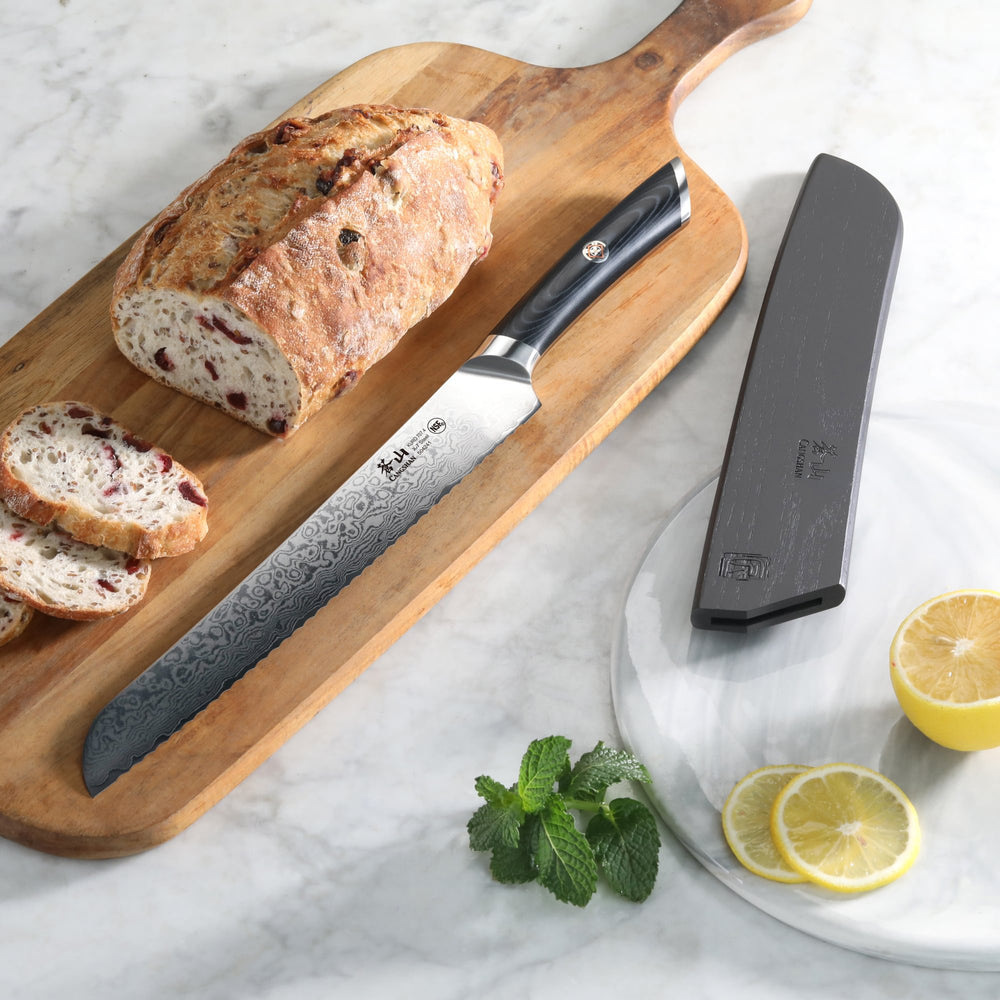 
                  
                    Load image into Gallery viewer, KURO Series 9-inch Bread Knife with Sheath, High Carbon X-7 Damascus Steel, 504241
                  
                