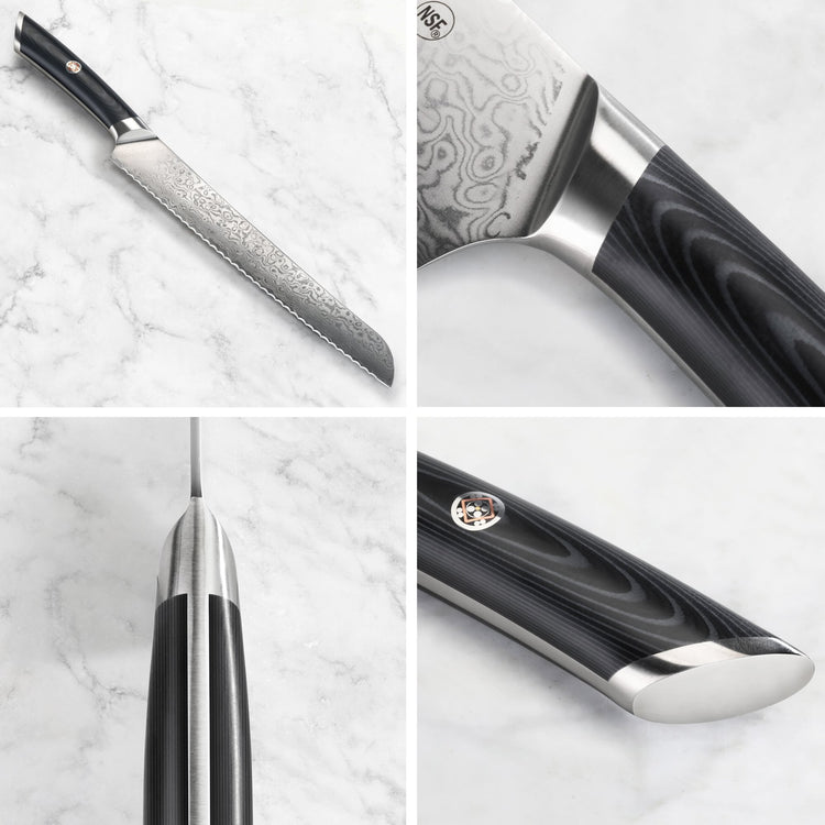 9-inch serrated bread knife with patterned Damascus steel blade and black ergonomic handle shown from multiple angles.
