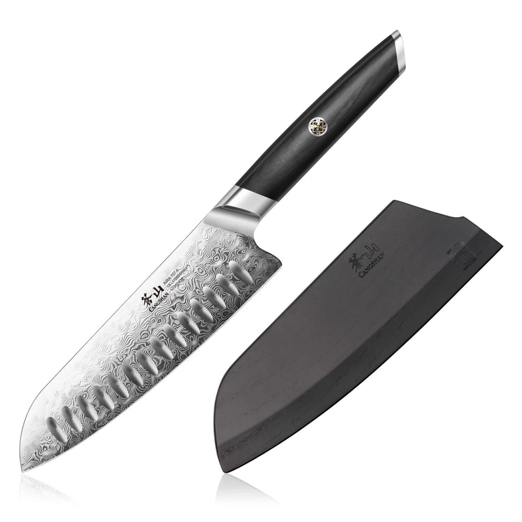 AIRA Series 7-Inch Santoku Knife with 135-Layer Damax™ Steel and black sheath.