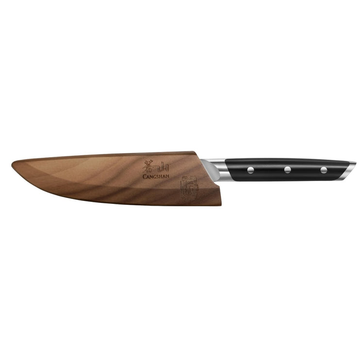 Serrated utility knife with black handle and wooden blade sheath featuring engraved logo and text.