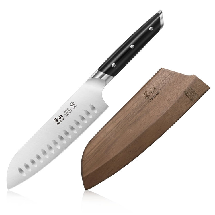 7-inch Santoku knife with black handle and wooden sheath with engraved logo on white background.
