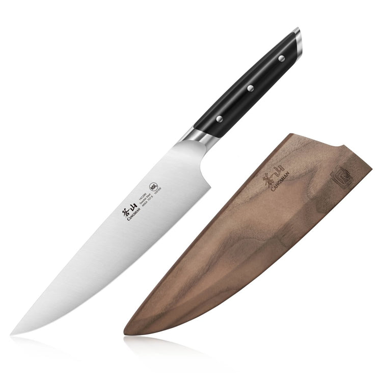 8-inch chef's knife with a black handle and a brown protective sheath placed beside it.