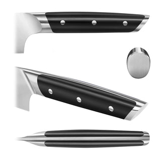 
                    
                      Black handle of a bread knife with three metal rivets and a stainless steel bolster, shown from multiple angles.
                    
                  