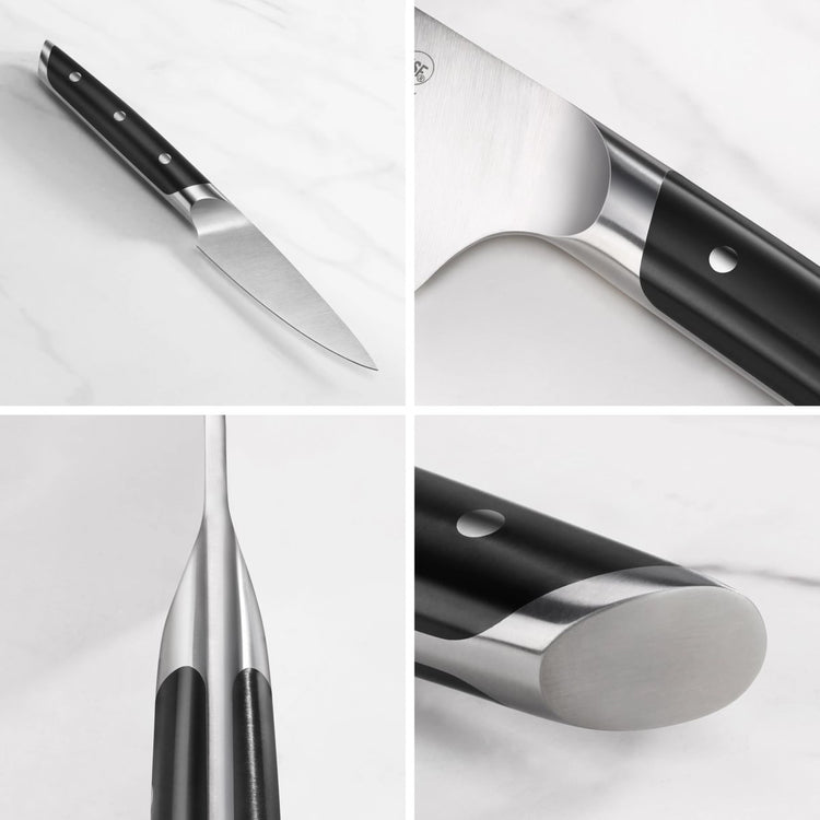 3.5-inch paring knife with black handle, stainless steel blade, and metal rivets shown from multiple angles.