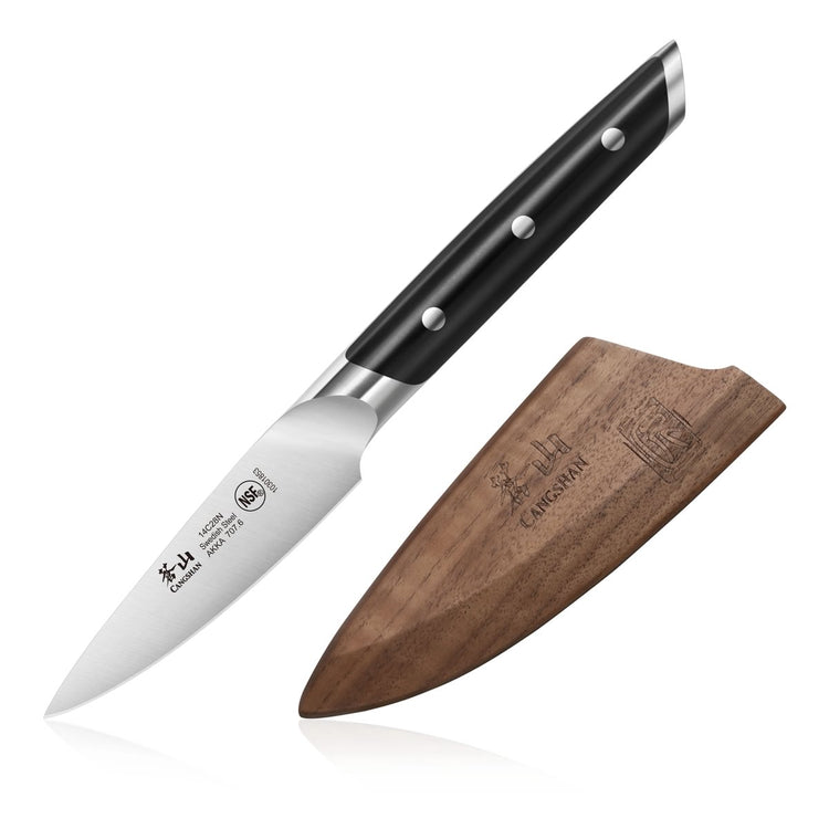 3.5-inch paring knife with a black handle and three rivets, accompanied by a wooden sheath with engraved logos.