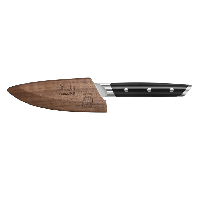 3.5-inch paring knife with black handle and wooden protective sheath covering the blade.