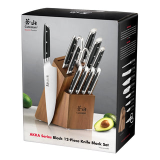 
                    
                      12-piece knife set with black handles in a wooden block, including kitchen shears and a sharpening rod.
                    
                  