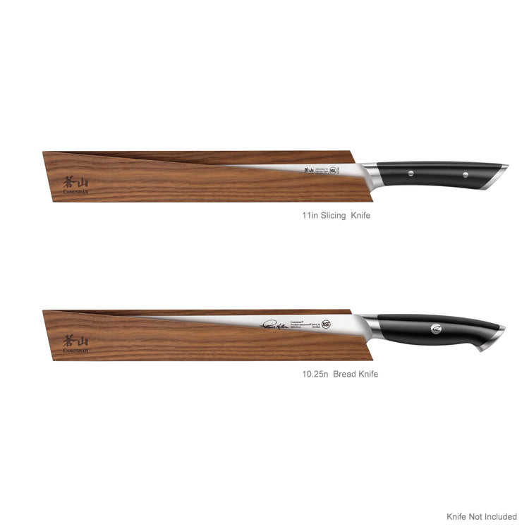 Two knives with black handles, one labeled 11in slicing knife and the other 10.25in bread knife, each paired with a wooden ma