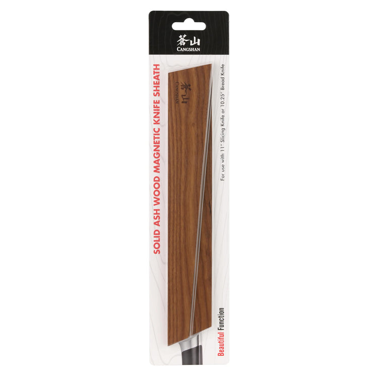 Solid ash wood magnetic knife sheath holding a slicing knife, packaged with a black and white label.