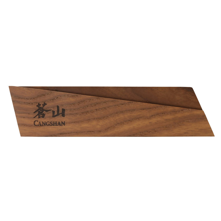 Ash wood magnetic knife sheath with angled design and engraved Cangshan logo.