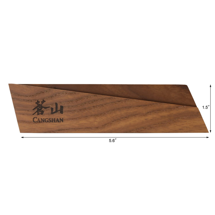 Ash wood magnetic knife sheath measuring 5.6 by 1.5 inches with Cangshan logo on the left side.