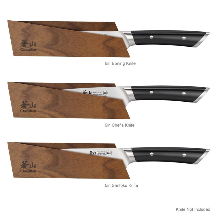 Three knives with black handles partially inserted into separate ash wood magnetic sheaths, labeled for 6" boning, 6" chef's,