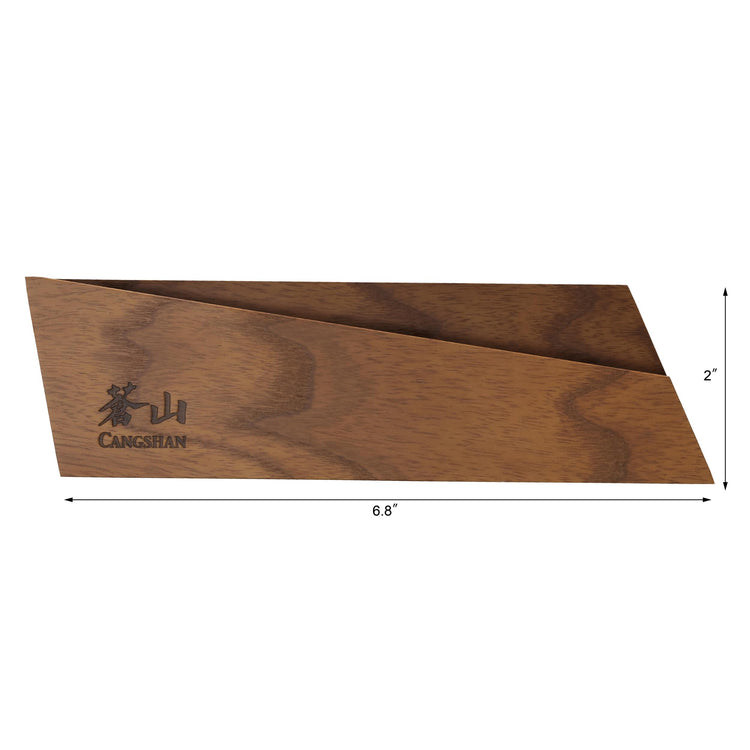 Ash wood magnetic knife sheath with angled design and engraved logo, measuring 6.8 by 2 inches.
