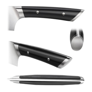 
                    
                      Black ergonomic knife handle with stainless steel bolsters and rivets, shown from multiple angles.
                    
                  