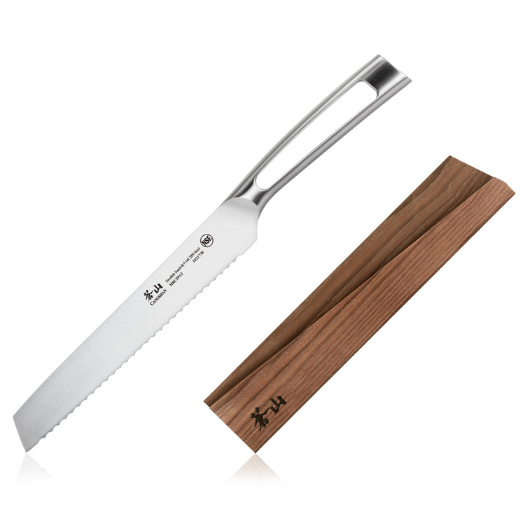 8-inch serrated bread knife with stainless steel handle and ash wood sheath placed beside it.
