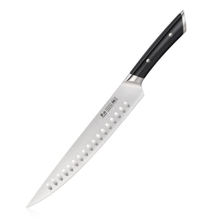 
                    
                      9-inch carving knife with a long, narrow blade featuring oval indentations and a black ergonomic handle.
                    
                  