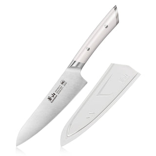 
                    
                      5.5-inch utility knife with stainless steel blade and white ergonomic handle, accompanied by a matching protective sheath.
                    
                  