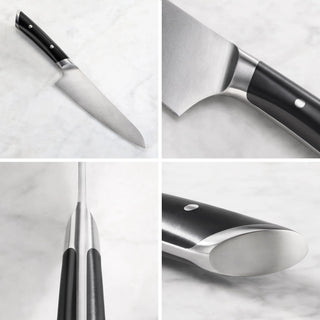 
                    
                      5.5-inch utility knife with black handle, stainless steel blade, and polished bolster shown from multiple angles.
                    
                  
