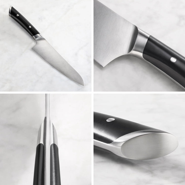 5.5-inch utility knife with black handle, stainless steel blade, and polished bolster shown from multiple angles.