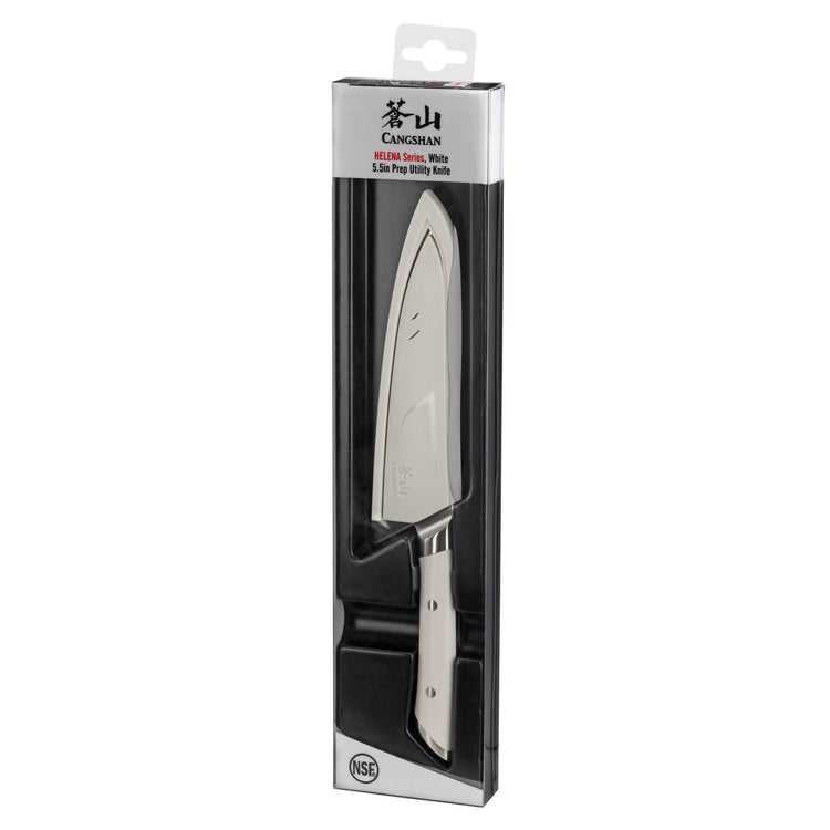 5.5-inch utility knife with white handle in clear plastic and black cardboard packaging.