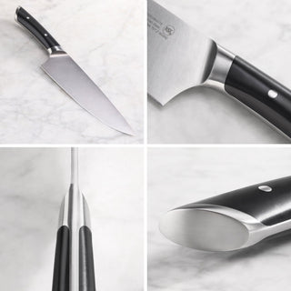 
                    
                      Chef's knife with black handle and stainless steel blade shown from multiple close-up angles on a marble surface.
                    
                  
