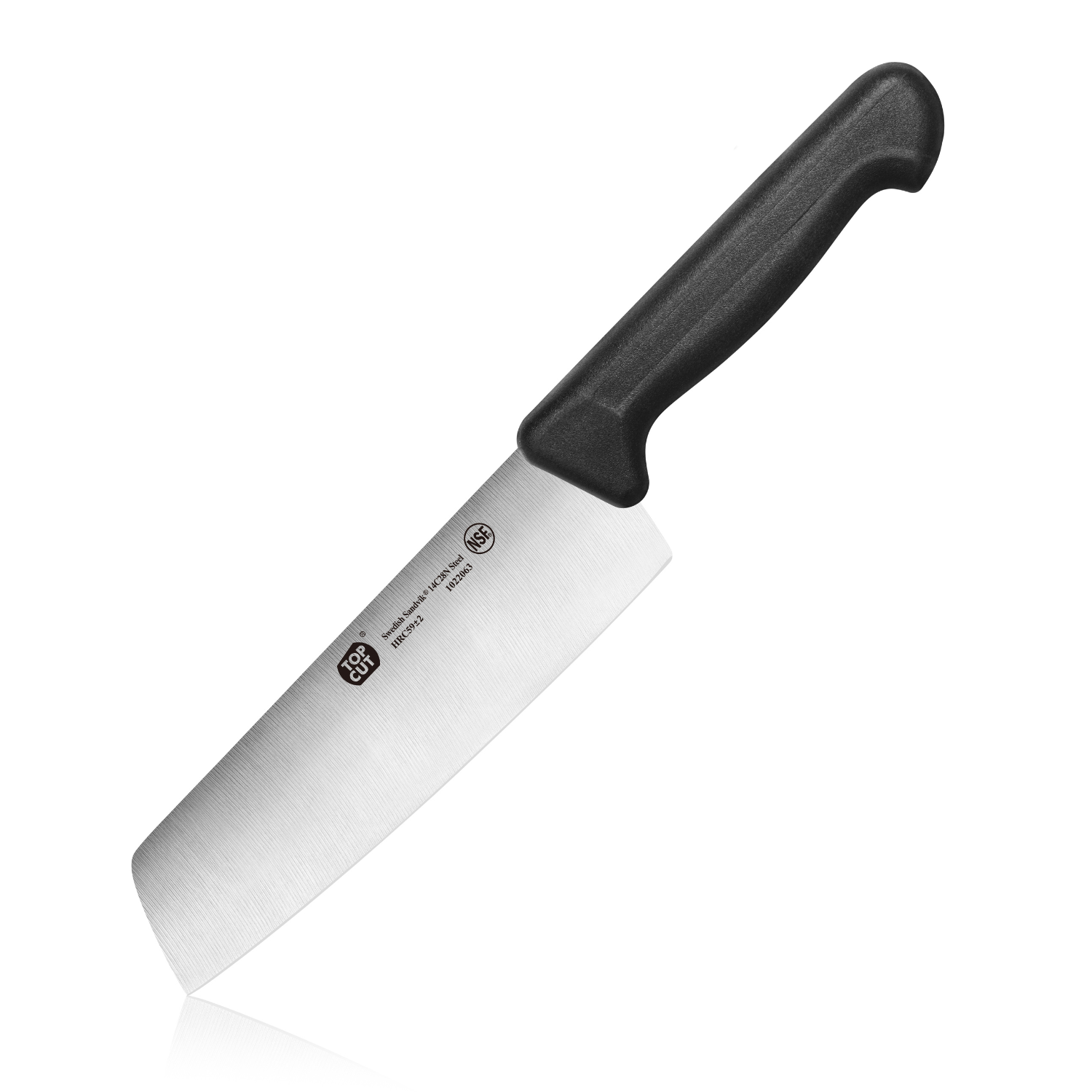 7-inch Nakiri vegetable cleaver with a straight stainless steel blade and black ergonomic handle.