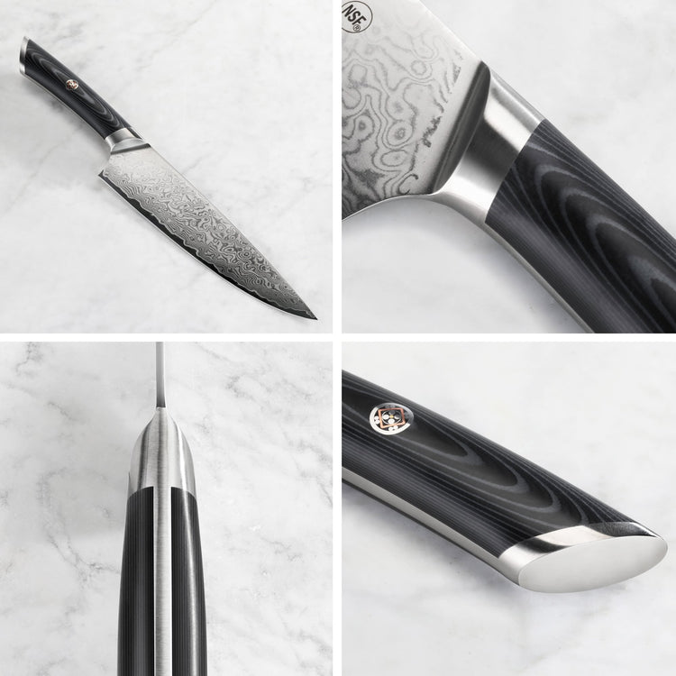 Damascus steel chef knife with black ergonomic handle shown from multiple angles on a marble surface.